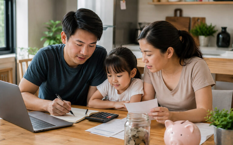 family at home looking at bank documents