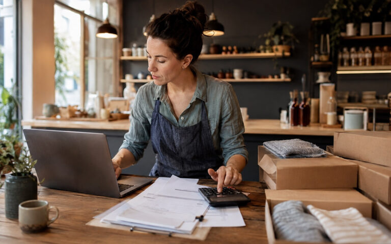 woman working with invoices and debt