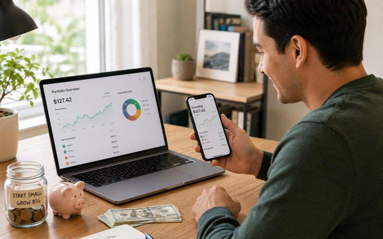 How to Start Investing With $100: A Beginner’s Guide Beginner investor using a laptop and smartphone to start investing with $100.