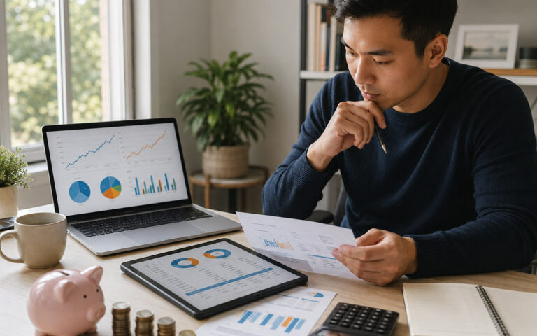 Man comparing retirement investment options at a desk with charts, savings, and financial documents.