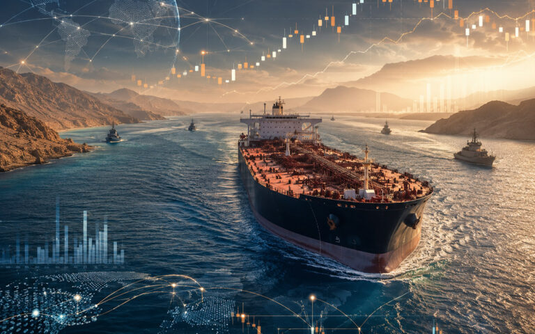 Antoine Souma on What the Strait of Hormuz Crisis Reveals About Managing Geopolitical Risk Oil tanker in the Strait of Hormuz with global financial market charts and investment data overlays