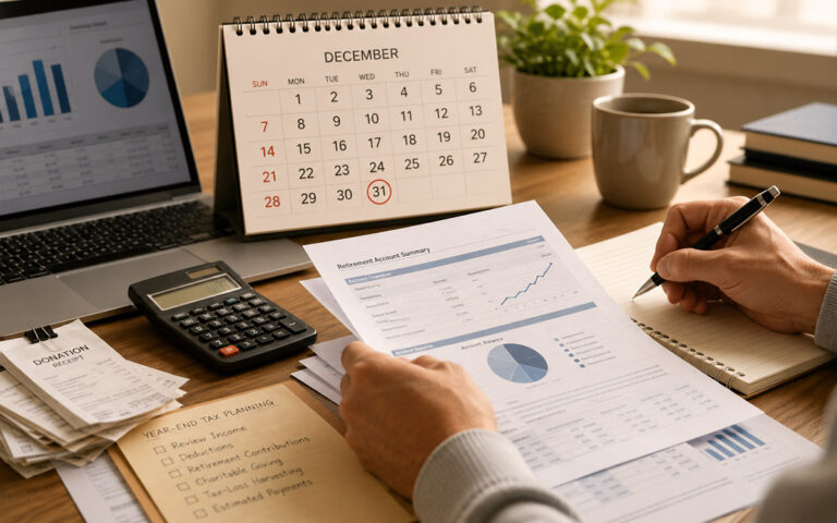 Year-End Tax Moves to Make Before December 31 Person reviewing year-end tax documents with calculator, financial statements, donation receipts, and a December 31 calendar.