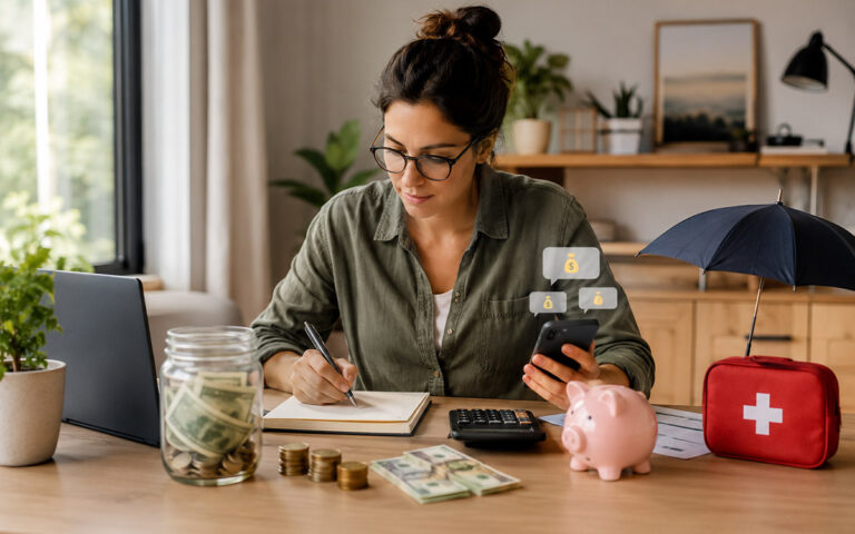 Woman budgeting at home with a savings jar, piggy bank and a calculator