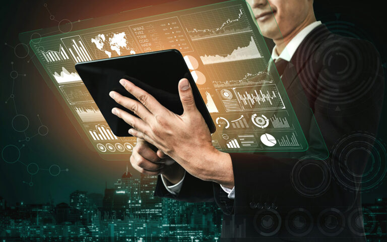 Business professional holding a tablet in front of digital financial charts, data dashboards, and a city skyline