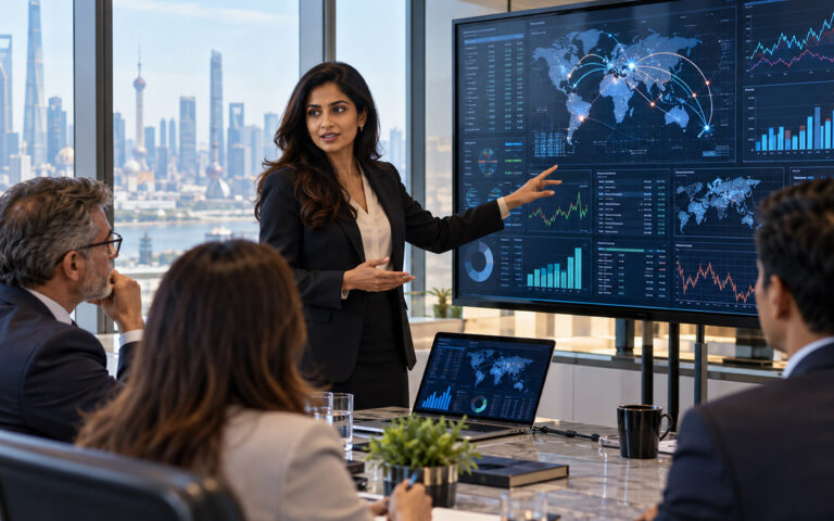 Tajel Shah Explores Data-Driven Treasury Strategy: Optimizing Liquid Assets and Payment Ecosystems in Volatile Markets Financial professional presenting treasury data and liquidity strategy to a corporate team