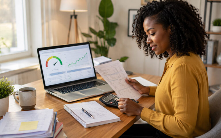 woman reviewing finances and a credit report while tracking an improving credit score on her laptop