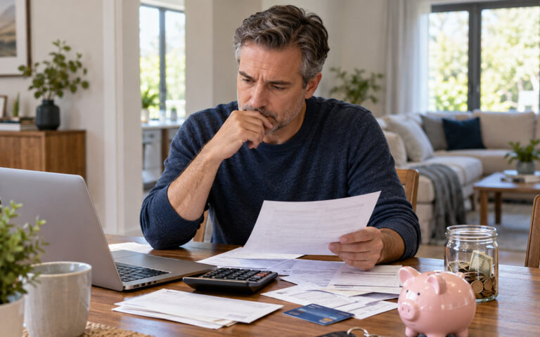 Man reviewing household finances, credit card bills, and savings amid rising interest rates