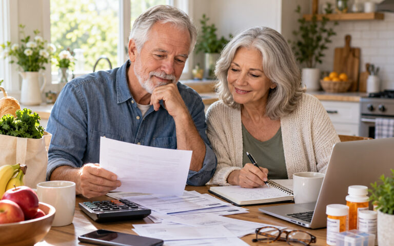 Senior couple reviewing Social Security benefits, retirement finances, and monthly expenses at home