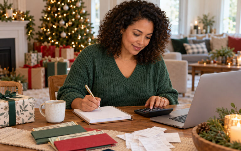 Holiday Spending Without Debt: A 2026 Budget Plan Woman planning a debt-free holiday budget with calculator, laptop, and Christmas gifts