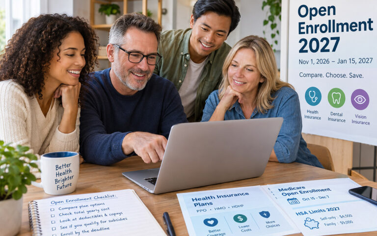 Open Enrollment 2027: How to Pick a Plan and Save adults reviewing 2027 health insurance plans and open enrollment options together