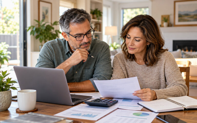 couple reviewing 2027 retirement savings, 401(k) contributions, and financial documents at home